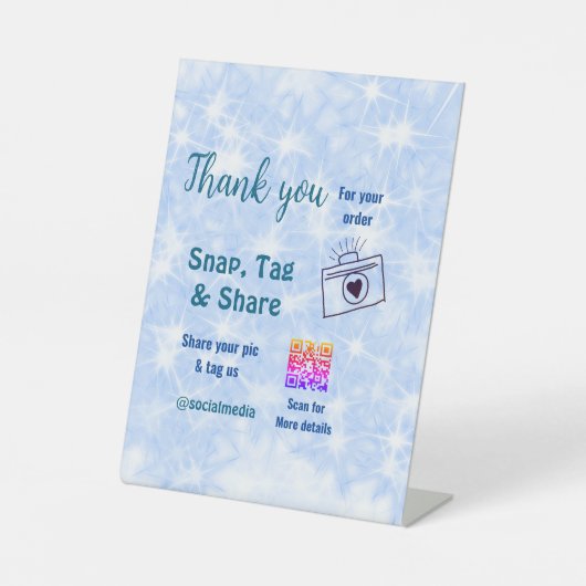 Snap label share social media q r code glitter bla reclamebord met voetstuk (Voorkant)