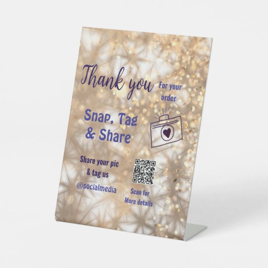 Snap label share social media q r code glitter gol reclamebord met voetstuk (Voorkant)