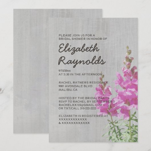 snapdragon Bridal Shower-uitnodigingen Kaart (Voorkant / Achterkant)