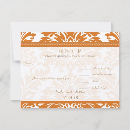 Snapdragon Coral & Ivory Damask Wedding RSVP (Voorkant)