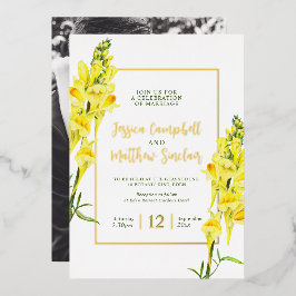 Snapdragon gele bloemen en gouden zomer bruiloft folie uitnodiging