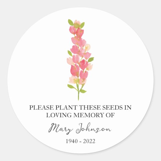 Snapdragon Memorial Funeral Seed Pakket Ronde Sticker (Voorkant)