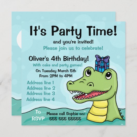 Snappy Birthday Crocodile Birthday Uitnodiging (Voorkant / Achterkant)