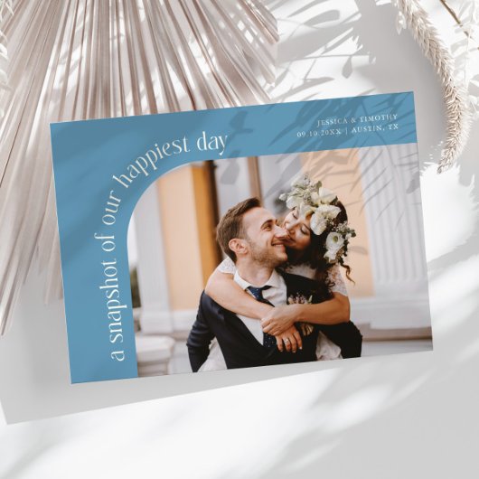 Snapshot Happiest Day Denim Blue Wedding Photo Bedankkaart