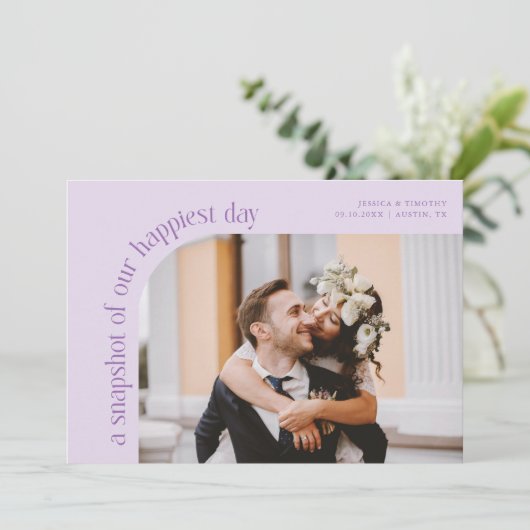 Snapshot Happiest Day Lilac Wedding Photo Bedankkaart (Staand voorkant)