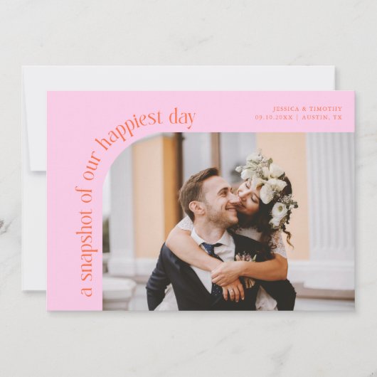 Snapshot Happiest Day Orange Pink Wedding Photo Bedankkaart (Voorkant)
