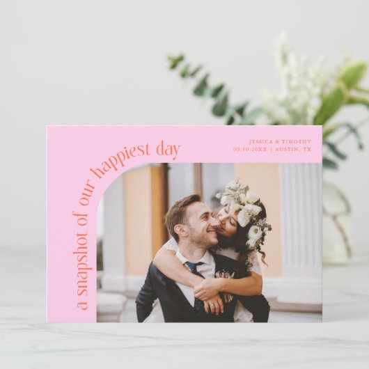 Snapshot Happiest Day Orange Pink Wedding Photo Bedankkaart (Staand voorkant)