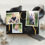 Snapshot Modern JOY Holiday 3-fotokaart Feestdagenkaart<br><div class="desc">Deze moderne feestelijke fotokaart bevat drie foto's in verschillende formaten op een bijna zwarte achtergrond met "JOY" in camelbeige die doordacht is gerangschikt, en ruimte voor uw familiebegroeting/handtekening. Dit ontwerp past één horizontale foto, één vierkante foto, en één verticale foto aan. Op de achterkant is er een camelbeige en witte...</div>