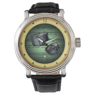 Snare drums ~ Blad-muziek ~ Groene/Gold achtergron Horloge