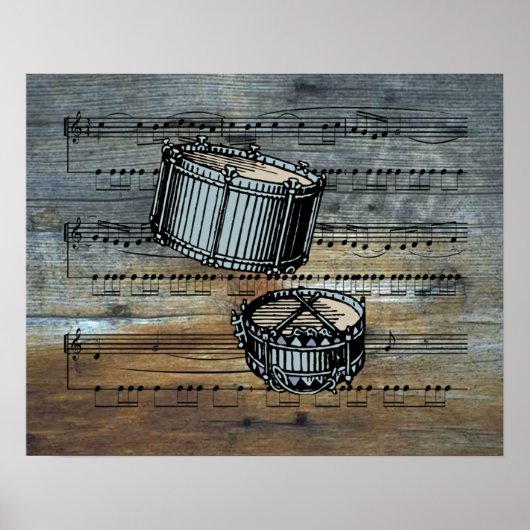 Snare Drums ~ Blad op achtergrond van hout Poster (Voorkant)