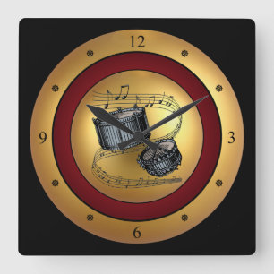 Snare Drums ~ Musical Scroll ~ Gold/maroon/Black ~ Vierkante Klok