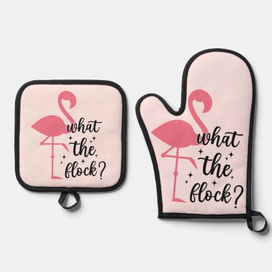 Snarky Pink Wat de Flock Flamingo Ovenwant & Pannenlap Set (Voorkant)