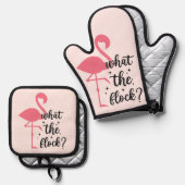 Snarky Pink Wat de Flock Flamingo Ovenwant & Pannenlap Set (Voorkant / Achterkant)