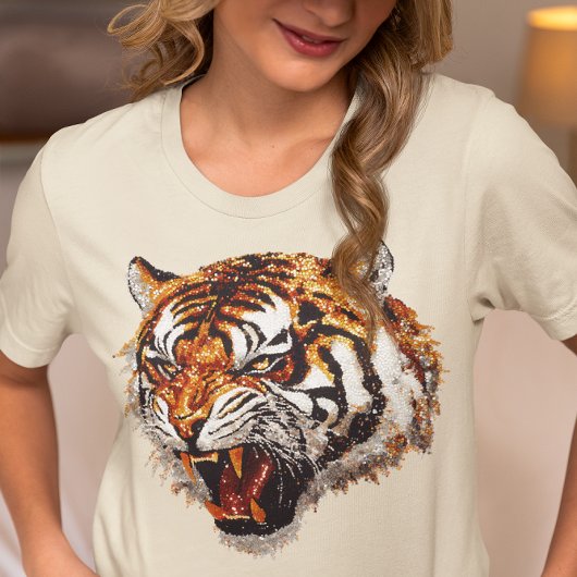 Snarling Tiger Portrait Faux Sequin look T-shirt