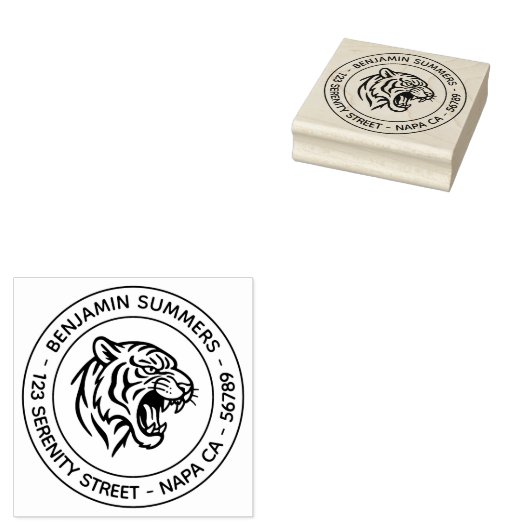 Snarling Tiger Profile Round Address Rubberstempel (Gestempeld)