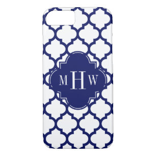 SNavy White Moroccan #5 Emerald 3 Initiaal Monogra iPhone 8/7 Hoesje