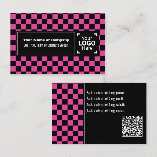 Snazzy Cerise / Zwart Geruite Eigen Tekst, QR, Log Visitekaartje (Voorkant / Achterkant)