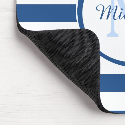 Snazzy Deep Blue Solid Stripes Name en Monogram Muismat (Hoek)