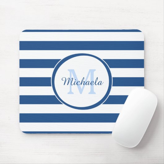 Snazzy Deep Blue Solid Stripes Name en Monogram Muismat (Met muis)