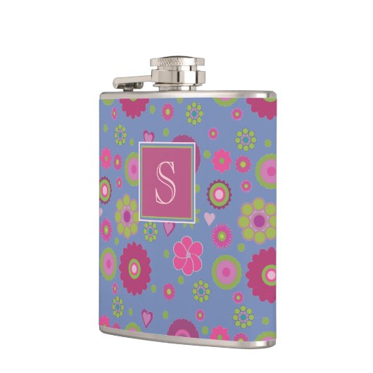 Snazzy Pink en Blue Flower Pattern Monogram Heupfles (Links)
