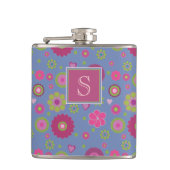 Snazzy Pink en Blue Flower Pattern Monogram Heupfles (Voorkant)