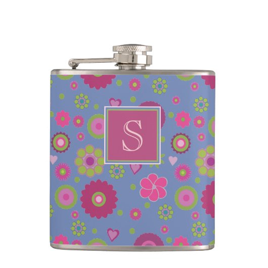 Snazzy Pink en Blue Flower Pattern Monogram Heupfles (Voorkant)