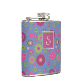 Snazzy Pink en Blue Flower Pattern Monogram Heupfles (Rechts)