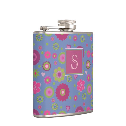 Snazzy Pink en Blue Flower Pattern Monogram Heupfles (Rechts)