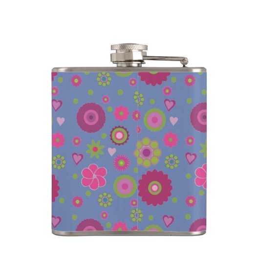 Snazzy Pink en Blue Flower Pattern Monogram Heupfles (Achterkant)