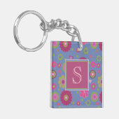 Snazzy Pink en Blue Flower Pattern Monogram Sleutelhanger (Voorkant Links)