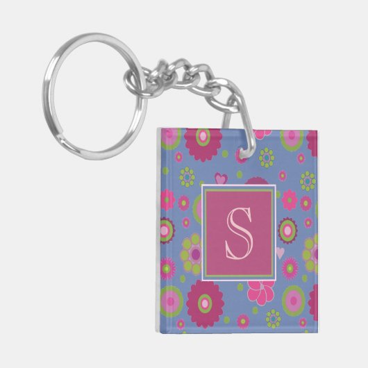 Snazzy Pink en Blue Flower Pattern Monogram Sleutelhanger (Voorkant Links)