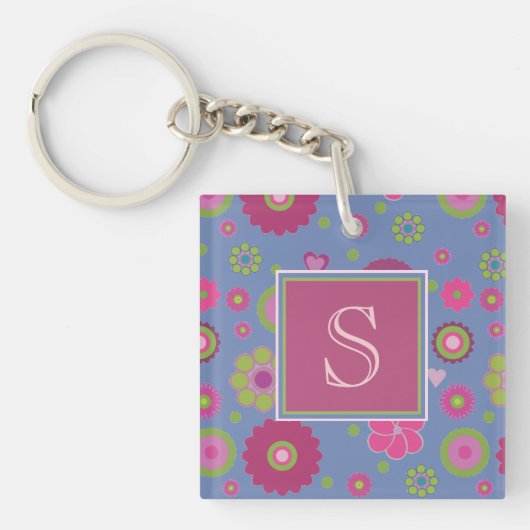 Snazzy Pink en Blue Flower Pattern Monogram Sleutelhanger (Voorkant)