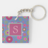 Snazzy Pink en Blue Flower Pattern Monogram Sleutelhanger (Achterkant)