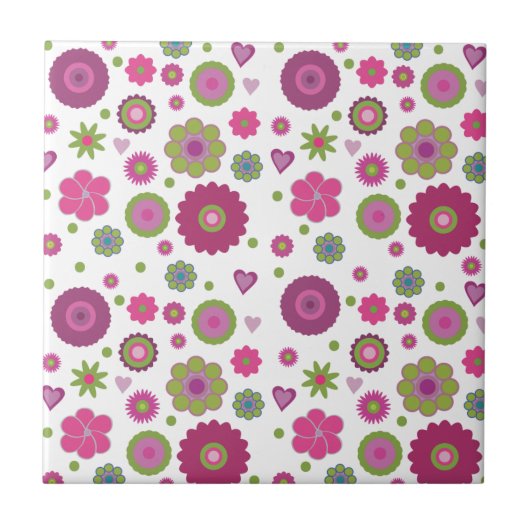 Snazzy Purple and Green Flower Pattern on White Tegeltje (Voorkant)