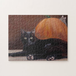 "Sneak Peek" zwarte kat Halloween art Puzzle Legpuzzel