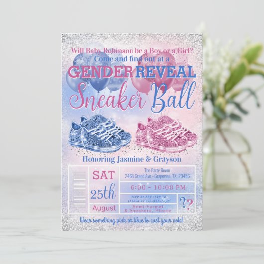 Sneaker Ball Geslacht onthullen Baby shower Kaart (Staand voorkant)