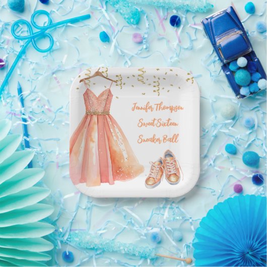 Sneaker Ball Sweet 16 Peach & Gold Glitter Papieren Bordje (Feest)
