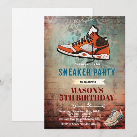 Sneaker birthday party invitation kaart (Voorkant / Achterkant)