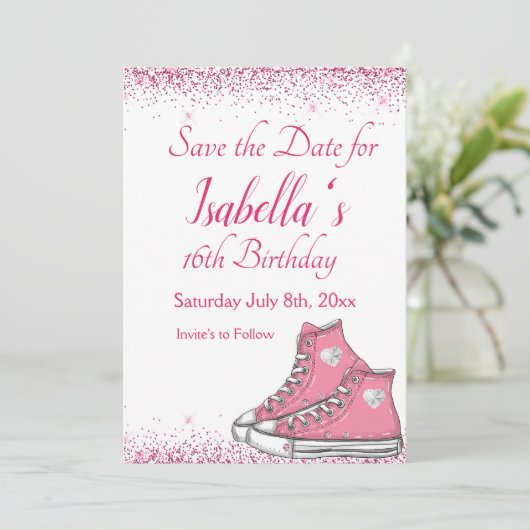 Sneaker Verjaardag, Glitter Sweet 16 Save The Date (Staand voorkant)