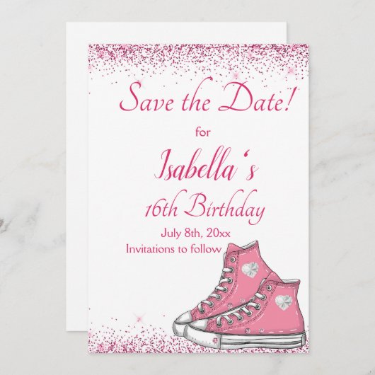 Sneaker Verjaardag, Glitter Sweet 16 Save The Date (Voorkant / Achterkant)