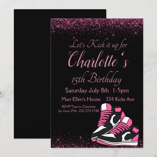 Sneaker verjaardag, roze glitter kaart (Voorkant / Achterkant)