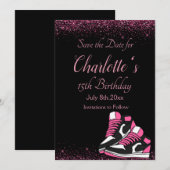 Sneaker verjaardag, roze glitter save the date (Voorkant / Achterkant)