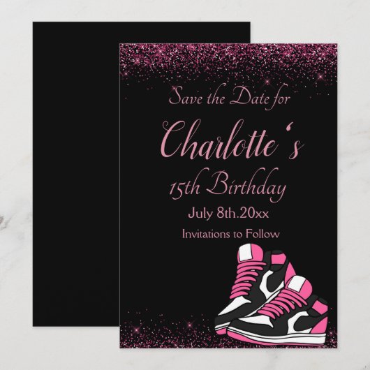 Sneaker verjaardag, roze glitter save the date (Voorkant / Achterkant)