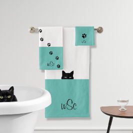 Sneaky Cat Monogram Blauwgroen Bad Handdoek