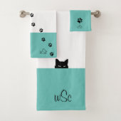 Sneaky Cat Monogram Blauwgroen Bad Handdoek (Insitu)