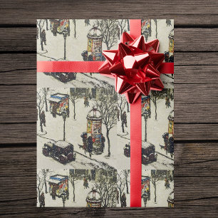 Sneeuw bedekt 1920 City Street Cars Winter Verjaar Cadeaupapier