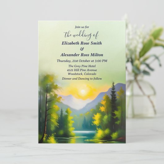 Sneeuw bedekt bergen en meer landschap bruiloft kaart (Staand voorkant)
