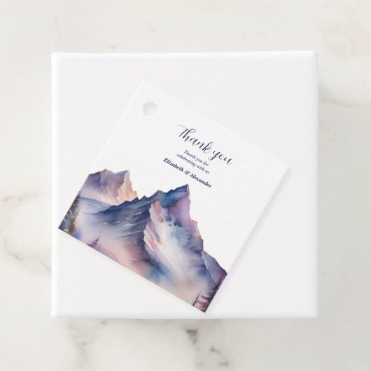 Sneeuw bedekt bergen landschap bruiloft bedankjes labels (In situ)