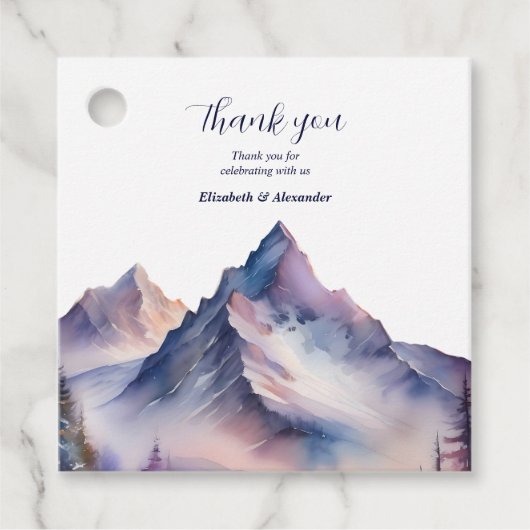 Sneeuw bedekt bergen landschap bruiloft bedankjes labels (Voorkant)