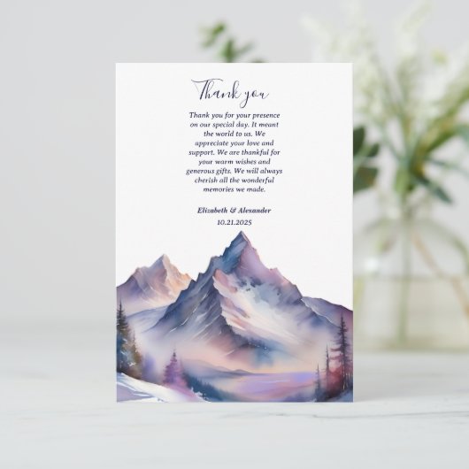 Sneeuw bedekt bergen landschap bruiloft bedankkaart (Staand voorkant)